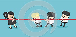 Businesswoman and businessman tug of war rivalry concept, one to three