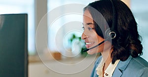 Businesswoman, call center and smile for telemarketing, customer support or help advice with headset at the office