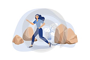 Businesswoman carrying a big rock. Young female entrepreneur is pulling big stone with a chain