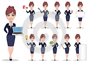 Businesswoman cartoon character. Beautiful business woman in office style clothes,