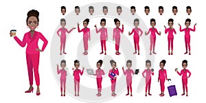 Businesswoman cartoon character set. African American businesswoman in pink color suit style.