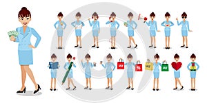 Businesswoman cartoon character set with business activity flat icon vector illustration