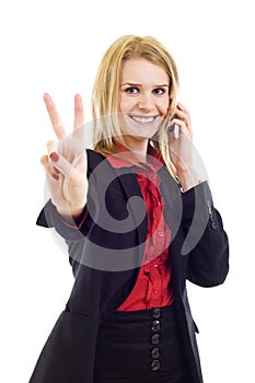 Businesswoman on the cell phone celebrating