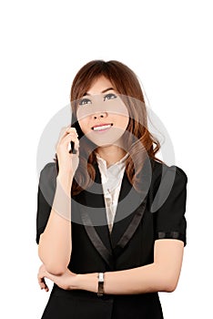 Businesswoman on cellphone running while talking on smartphone.