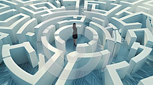 Businesswoman at the center of a vast maze. Problem solving, challenge concept. Modern digital art style. Ideal for