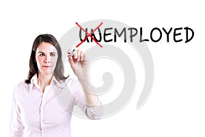 Businesswoman change unemployed to employed. Isolated on white.