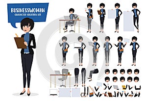 Businesswoman character creation vector set. Business woman characters editable create kit female office manager body parts.