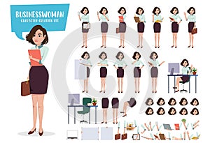 Businesswoman character creation vector set. Business woman characters female office employee staff demo presentation.