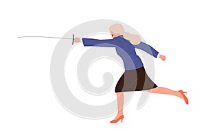 Businesswoman character fighting with sword demonstrating competitive spirit isolated on white