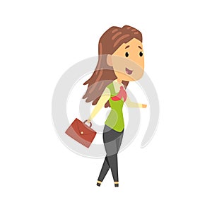 Businesswoman character in formal wear walking with briefcase, business person at work cartoon vector illustration