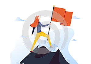 Businesswoman Character Hoisted Red Flag on Mountain Top. Business Woman on Peak of Success. Leadership, Winner photo