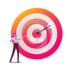 Businesswoman Character at Huge Target with Arrow in Center, Business Goals Achievement, Aims, Mission photo