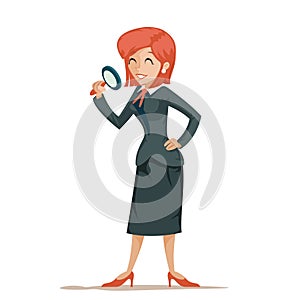 Businesswoman character magnifying glass decision search isolated icon cartoon design vector illustration