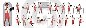 Businesswoman character poses set, woman in formal clothes showing board presentation