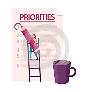 Businesswoman Character Put Marks in Checklist, Organize Priorities, Searching Solution, Planning Deals