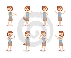 Businesswoman character set. Animate character. Female personage constructor. Different sales woman postures. Vector set