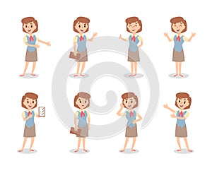 Businesswoman character set. Animate character. Female personage constructor. Different sales woman postures. Vector set personage