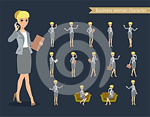 Businesswoman character set. Animate character. Female personage constructor. Different woman postures. Vector set