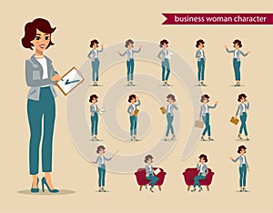 Businesswoman character set. Animate character. Female personage constructor. Different woman postures. Vector set