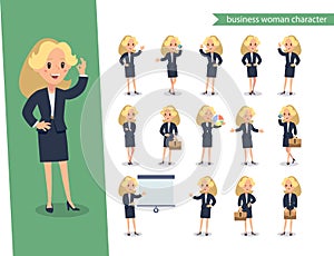 Businesswoman character set. Animate character. Young lady personage constructor. Different woman postures. Vector set personage.