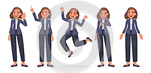 Businesswoman character set. Woman employee of the company greets, points out, jumps happily, looks at the watch