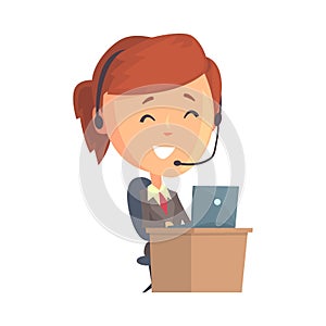 Businesswoman character sitting with laptop and headset, call center operator with a headset cartoon vector Illustration