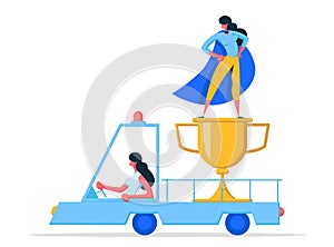 Businesswoman Character Super Hero with Golden Prize. Woman Winner with Cup. Career Growth Leadership Concept