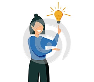 Businesswoman characters. Young office business woman with idea bulb vector isolated