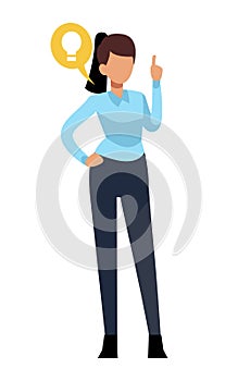 Businesswoman characters. Young office business woman with idea bulb vector isolated character