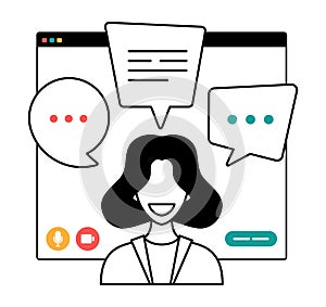 Businesswoman chatting during video call outline style illustration. Woman having virtual conference during video call remote work