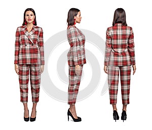 Businesswoman in chequer suit front, side, back view, isolated on white