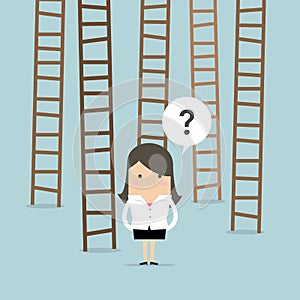 Businesswoman choices ladder to success.