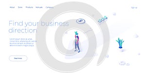Businesswoman choosing successful direction on crossroad. Business decision challenge concept in isometric vector design.