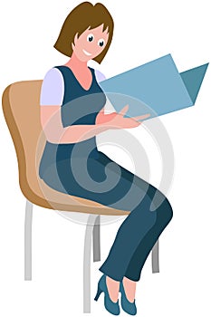 Businesswoman or clerk working with documentation. Female character reading conference secretary