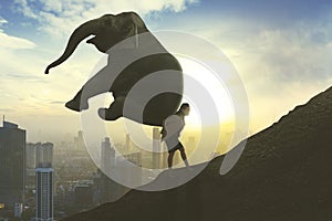 Businesswoman climb up a hill with an elephant