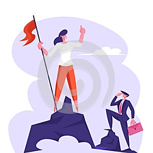 Businesswoman Climbed to Top of Mountain Enjoying Victory. Employee Hoisted Flag to Rock Peak, Success, Competition