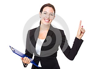 Businesswoman with clipboard and finger point up