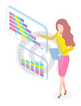 Businesswoman with clipboard presenting growing graphic, chart, web analytics, analysing business
