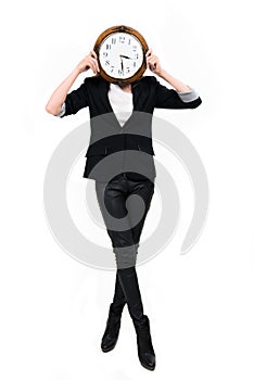 Businesswoman with clock ful height - time concept