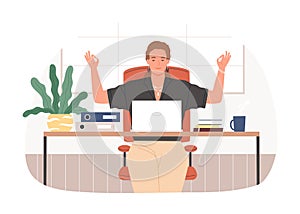 Businesswoman with closed eyes meditating at workplace vector flat illustration. Relaxed female sitting at desk with