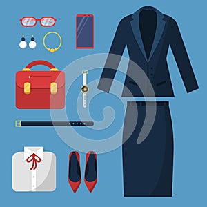 Businesswoman clothes. Fashion female office casual style wardrobe skirt jacket suit hat bag watch business items vector