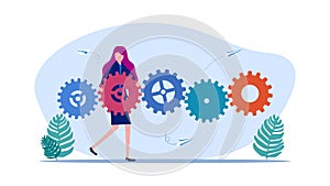 Businesswoman complete connection of gears. Automate business process and workflow problems with flowcharts