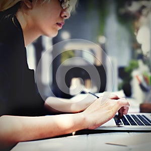 Businesswoman Concentrate Data Determine Device Concept photo