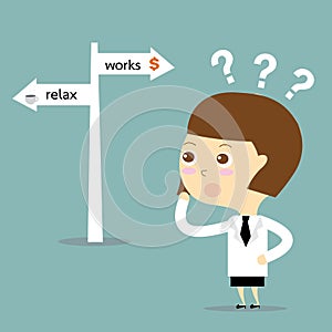 businesswoman confuse to choose two ways for relax or works vector