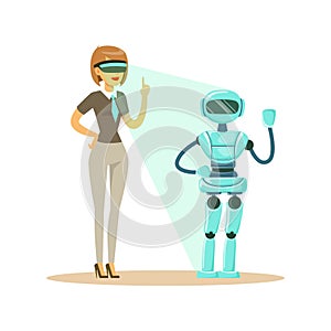 Businesswoman controlling humanoid robot with virtual reality headset, future technology concept vector Illustration