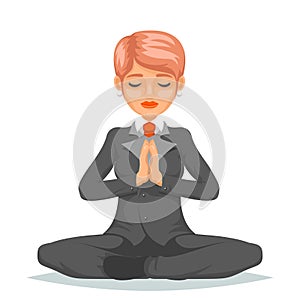 Businesswoman corporate worker female business yoga meditation wisdom health cartoon character icon design vector
