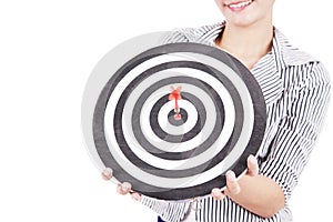 Businesswoman with dart board