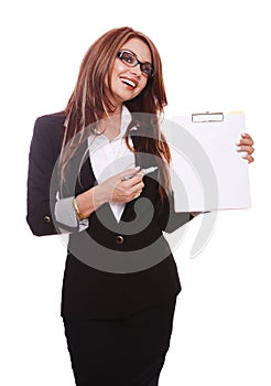 Businesswoman demonstrating with clipboard photo