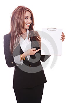 Businesswoman demonstrating with clipboard photo