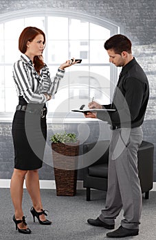 Businesswoman dictating to assistant